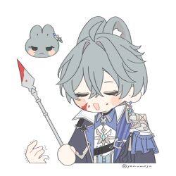  1boy ahoge animal_ears armor belt belt_collar black_belt blood blood_on_face blood_on_weapon blue_hair blue_shirt choker closed_eyes coat collar collared_shirt earrings genshin_impact hair_between_eyes holding holding_polearm holding_weapon jewelry lohen_(genshin_impact) long_sleeves male_focus mole mole_under_eye multicolored_eyes open_mouth polearm purinacow rabbit_ears shirt shoulder_armor spear twitter_username weapon white_background 