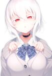  1girl breasts cardigan choker hair_between_eyes highres neck_ribbon open_mouth original otokuyou red_eyes ribbon school_uniform short_hair simple_background sleeves_past_wrists solo white_background white_hair 