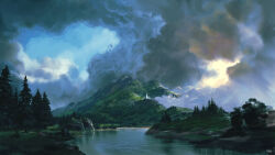  blue_sky clouds cloudy_sky commentary day english_commentary highres hill lake landscape mountain no_humans original outdoors painterly philipp_urlich pine_tree scenery signature sky storm sunlight tree water white_sky 