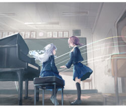  2girls absurdres arms_at_sides black_shoes black_socks blazer blue_jacket blue_skirt braid ceiling ceiling_light chair chalkboard commentary_request eye_contact floating_hair fluorescent_lamp grand_piano grey_hair half_up_half_down_braid hand_up highres indoors instrument jacket kneehighs layered_sleeves letterboxed long_hair long_sleeves looking_at_another looking_to_the_side low_ponytail medium_hair medium_skirt multiple_girls on_bench original piano pleated_skirt ponytail profile reaching reaching_towards_another school_chair school_uniform sena_(sena_soar) shoes sitting skirt socks standing tile_ceiling tiles twitter_username wooden_floor 