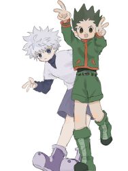  2boys blue_eyes boots commentary_request full_body gon_freecss green_boots green_hair green_jacket green_shorts highres hunter_x_hunter jacket killua_zoldyck layered_sleeves long_sleeves looking_at_viewer male_focus multiple_boys shirt short_hair short_over_long_sleeves short_sleeves shorts simple_background smile spiky_hair tyaba_illust v white_background white_hair white_shirt 