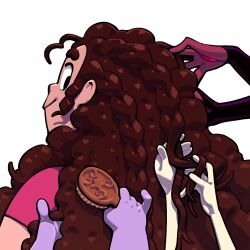  1boy 3girls ahoge alternate_hairstyle amethyst_(steven_universe) braid bridal_gauntlets brown_hair brushing_hair colored_skin commentary curly_hair discount-supervillain english_commentary from_behind garnet_(steven_universe) gem gem_(steven_universe) hair_brush long_hair multiple_braids multiple_girls pale_skin pearl_(steven_universe) purple_skin red_skin shirt smile star_(symbol) steven_quartz_universe steven_universe steven_universe_future t-shirt upper_body 