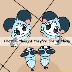  :3 animal_slippers black_eyes blue_fur blush chattino_(raora_panthera) closed_mouth commentary creature english_commentary english_text from_above highres hololive large_ears looking_at_viewer looking_up morettegino out_of_frame raora_panthera shadow signature slippers tile_floor tiles 