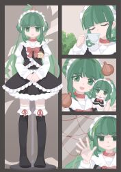  1girl acme_iku against_glass black_boots black_border black_dress blunt_bangs boots border bow breasts bush chibi chibi_inset closed_eyes coffee_mug collar cup double_bun dress drinking esmololsa face_against_glass figure frilled_boots frills green_eyes green_hair hair_bun hand_up highres holding holding_cup long_hair looking_at_viewer maid maid_headdress maidloid medium_breasts mug onion open_mouth own_hands_together ponytail red_bow red_collar red_ribbon ribbon sidelocks smile string string_of_fate thigh_boots utau 