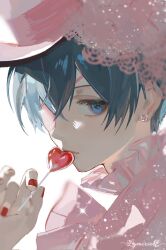  1boy artist_name blue_eyes blue_hair blurry candy ciel_phantomhive commentary depth_of_field eyepatch food frills hat heart heart-shaped_food heart-shaped_lollipop highres kuroshitsuji lollipop looking_at_viewer lymiriell male_focus nail_polish pink_hat shaped_lollipop short_hair simple_background solo upper_body white_background 
