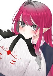  1girl baobhan_sith_(fate) blush cernunnos_(fate) fate/grand_order fate_(series) grey_eyes highres long_hair looking_at_viewer moa_am pink_hair pointy_ears sidelocks solo stuffed_toy 