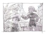  1boy 1girl bodysuit braid final_fantasy final_fantasy_xii greyscale medium_hair michibata_65 monochrome open_mouth penelo protected_link short_hair smile thigh-highs twin_braids twintails vaan 