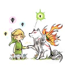  1boy amaterasu_(ookami) burning commentary_request crossover grass green_hat green_tunic handshake hat issun link looking_at_another mugipoyow notice_lines ookami_(game) pointy_ears sitting standing the_legend_of_zelda the_legend_of_zelda:_the_wind_waker toon_link tunic white_background wolf 