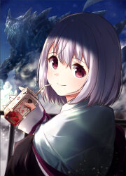  1girl blush closed_mouth colored_eyelashes commentary_request drink_carton from_behind gridman_universe hair_between_eyes hand_up holding holding_drink_carton juice kaiju looking_at_viewer looking_back medium_hair monster purple_hair red_eyes shinjou_akane sleeves_past_wrists smile solo split_mouth ssss.gridman straight_hair tagame_(tagamecat) tomato_juice upper_body 