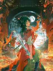  1girl arch_bridge architecture black_boots black_hair black_sky boat boots bridge chinese_clothes chinese_paper-cut east_asian_architecture feet_out_of_frame finger_to_mouth from_side full_moon hair_bun hand_up hanfu highres holding holding_sword holding_weapon index_finger_raised jian_(weapon) long_hair mint-tan moon night on_boat outdoors paper_heron red_hanfu reverse:1999 sky solo sword water watercraft weapon 