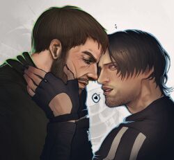  2boys aegyo_sal beard beard_stubble black_gloves black_hair black_jacket blue_eyes brown_eyes brown_hair chris_redfield facial_hair fingerless_gloves forehead-to-forehead from_side gloves hand_on_another's_face heads_together heart highres jacket leon_s._kennedy male_focus multiple_boys resident_evil resident_evil:_vendetta short_hair spoken_heart striped_clothes striped_jacket stubble zombiyh 