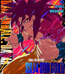  1boy absurdres body_fur dragon_ball dragon_ball_daima highres male_focus monkey_boy monkey_tail no_nipples pants red_fur saiyan solo son_goku spiky_hair super_saiyan super_saiyan_4 tail trizziefrizzie yellow_pants 