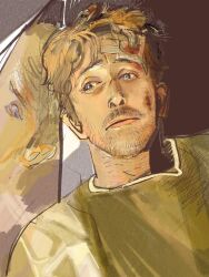  1boy against_glass bandaid bandaid_on_face bandaid_on_forehead beard_stubble blonde_hair bruise bruise_on_face closed_mouth facial_hair highres injury kuroda_sakaki looking_to_the_side mature_male messy_hair project_hail_mary reflection ryland_grace shirt stubble yellow_shirt 