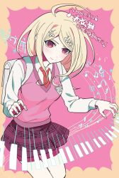  1girl ahoge akamatsu_kaede bag birthday blonde_hair commentary_request danganronpa_(series) danganronpa_v3:_killing_harmony dated hair_ornament happy_birthday looking_at_viewer musical_note musical_note_hair_ornament musical_note_print nabu_(d4ng4nn6bu12) necktie piano_keys pink_background pink_eyes pink_sweater_vest red_necktie sheet_music solo sweater_vest white_bag 