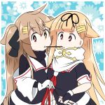  2girls asymmetrical_clothes black_gloves black_ribbon black_serafuku blonde_hair brown_eyes food gloves hair_flaps hair_ornament hair_ribbon hairclip heterochromia kantai_collection light_brown_hair long_hair multiple_girls murasame_(kancolle) neckerchief pocky red_eyes red_neckerchief ribbon sailor_collar scarf school_uniform serafuku shared_food sira twintails two_side_up upper_body white_gloves white_sailor_collar white_scarf yuudachi_(kancolle) 