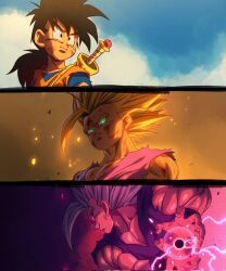  1boy black_hair blonde_hair blue_shirt ch_nadhir clouds cloudy_sky dragon_ball dragon_ball_super dragon_ball_super_super_hero dragon_ball_z embers energy glaring gohan_beast green_eyes grey_hair highres kamehameha_(dragon_ball) muscular muscular_male orange_vest purple_shirt shirt sky smile son_gohan super_saiyan super_saiyan_2 sword vest weapon wristband 