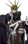  2boys absurdres aldrich_devourer_of_gods black_dress bracelet crossed_arms crown dark_souls_(series) dark_souls_iii dark_sun_gwyndolin dress facing_viewer grey_background grey_hair highres hug hug_from_behind jewelry long_hair multiple_boys otoko_no_ko pontiff_sulyvahn simple_background smile spiked_helmet upper_body zunkome 