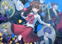  1boy 2girls absurdres air_bubble blonde_hair blue_eyes blue_flower blue_neckerchief blue_rose brown_hair bubble collarbone collared_shirt commentary_request dress flower garry_(ib) green_dress grey_shirt hair_over_one_eye highres holding holding_flower ib_(ib) ib_(kouri) jacket kosame_kkk long_hair long_sleeves mary_(ib) mirror multiple_girls neck_ribbon neckerchief open_clothes open_jacket picture_frame pleated_skirt red_eyes red_flower red_ribbon red_rose red_skirt ribbon rose shirt short_hair skirt violet_eyes white_shirt 