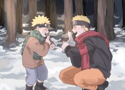  2boys blonde_hair commentary_request dual_persona facial_mark forehead_protector highres korean_commentary longshot_ex looking_at_another male_focus multiple_boys naruto:_the_last naruto_(series) orange_pants pants scarf smile snow spiky_hair time_paradox uzumaki_naruto whisker_markings 