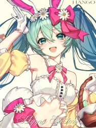  1girl animal_ears arm_up armpits artist_name bare_shoulders basket blue_eyes blue_hair bra breasts detached_collar detached_sleeves dot_nose easter easter_egg egg english_text flower frilled_bra frilled_gloves frills gloves hair_between_eyes hair_flower hair_ornament hair_ribbon hango_lan hatsune_miku highres holding holding_basket looking_at_viewer medium_breasts midriff navel open_mouth rabbit_ears rabbit_tail ribbon signature simple_background skirt smile solo stomach tail twintails underwear upper_body vocaloid white_background white_bra white_skirt 