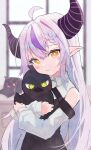  1girl absurdres ahoge bare_shoulders black_horns braid braided_bangs crow_(la+_darknesss) detached_sleeves grey_hair highres hololive horns la+_darknesss la+_darknesss_(1st_costume) long_hair looking_at_viewer multicolored_hair pointy_ears purple_hair smile streaked_hair striped_horns virtual_youtuber waterjetoctopus yellow_eyes 