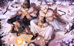  2boys :d alcohol bandaid bandaid_on_face bandaid_on_nose black_hair blue_eyes boots campfire cape cloak coat cup facial_hair fire from_above full_body fur_cape fur_trim glasses hair_over_one_eye hat highres holding holding_cup japanese_clothes long_sleeves male_focus mitre multiple_boys mustache myuminji olruggio_(tongari_boushi_no_atelier) one_eye_covered open_mouth outdoors pants party_hat qifrey_(tongari_boushi_no_atelier) robe sakazuki short_hair sitting smile snow snowing tongari_boushi_no_atelier tree twitter_username white_cape white_cloak white_hair white_robe winter wizard_hat 