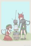 3girls aosiro-michi blue_background braid brown_hair cat_tail chen clothes_lift facing_away fish fishing fishing_rod food_in_mouth from_side green_headwear hat heart heart_tail kaenbyou_rin kneeling mob_cap mouth_hold multiple_girls multiple_tails murasa_minamitsu profile red_eyes red_skirt red_vest redhead short_hair simple_background skirt skirt_lift skirt_set sparkle tail touhou twin_braids two_tails vest zzz 