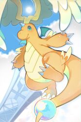  bakeneko_(kyap5272) blue_sky claws closed_mouth clouds colored_skin commentary_request dragon dragonite feathered_wings flying full_body green_eyes head_wings highres horns mega_dragonite mega_pokemon no_humans orange_skin pokemon pokemon_(creature) pokemon_focus prism_tower single_horn sky smile solo sun tail wings 