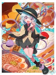  1girl :d black_hat black_skirt black_socks blush boots bow buttons cake cake_slice commentary_request diamond_button eyeball food food-themed_background fried_egg frilled_sleeves frills full_body green_boots green_eyes green_hair hair_between_eyes hat hat_bow heart heart_of_string highres interlocked_fingers komeiji_koishi leg_up legs long_sleeves looking_at_viewer medium_hair noodles omelet omurice open_mouth own_hands_together pizza pudding ramen shirt signature skirt smile socks soesoe300 solo spoon star-shaped_pupils star_(symbol) symbol-shaped_pupils thighs third_eye touhou wide_sleeves yellow_bow yellow_shirt 
