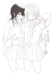  2girls absurdres amamiya_ao_(strawberry_(akira-love)) arm_around_shoulder commentary_request cowboy_shot cropped_legs dress_shirt gyaru_v highres long_hair medium_hair miniskirt mole_on_chin monochrome multiple_girls necktie original pleated_skirt school_uniform shiina_saya_(strawberry_(akira-love)) shirt skirt sleeves_rolled_up strawberry_(akira-love) translation_request v very_long_hair yuri 