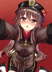  1girl :o black_hat black_shoes black_shorts blunt_ends blush brown_hair coattails commentary_request cowboy_shot eyes_visible_through_hair flower flower-shaped_pupils genshin_impact hair_between_eyes hat hat_flower hat_tassel highres hu_tao_(genshin_impact) incoming_hug long_hair long_sleeves looking_at_viewer nose_blush open_mouth outstretched_arms plum_blossoms porkpie_hat pov shadow shoes shorts sidelocks sitting socks solo symbol-shaped_pupils tailcoat very_long_hair wariza white_socks yasuu_(ezuw3737) 
