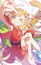  >_o 1girl absurdres animal_ears arms_up blonde_hair blush_stickers cho_kaguya-hime! commentary crescent crescent_hair_ornament double_v floating_hair glint grin hair_ornament hands_up highres japanese_clothes kaguya_(cho_kaguya-hime!) kimono long_hair looking_at_viewer lop_rabbit_ears one_eye_closed outstretched_hand rabbit_ears red_kimono sash short_kimono smile solo standing standing_on_one_leg tokage_(pr) untranslatable_commentary v white_background 