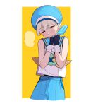  1boy anchor_ornament black_gloves blonde_hair blue_headwear blue_shorts border detached_sleeves fingerless_gloves food gloves hat head_tilt holding holding_food holding_ice_cream ice_cream male_focus mubo one_eye_closed original otoko_no_ko own_hands_together ribbon sailor_hat school_uniform serafuku shirt shorts sleeveless white_background white_border white_shirt yellow_background yellow_eyes yellow_ribbon 