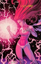  1girl absurdres atom_eve breasts cape clenched_hand commentary contrapposto covered_abs earrings electricity energy english_commentary highres invincible_(series) jewelry leotard long_hair medium_breasts official_artist_extra pink_leotard profile red_hair ryan_ottley samantha_eve_wilkins signature solo turtleneck turtleneck_leotard 