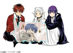  2boys 2girls abe_tsukasa bandaged_arm bandages blue_hair cape closed_eyes closed_mouth commentary_request dress earrings elf fern_(sousou_no_frieren) frieren himmel_(sousou_no_frieren) jacket jewelry long_hair mole mole_under_eye multiple_boys multiple_girls official_art open_mouth pointy_ears purple_hair red_eyes red_hair red_jacket short_hair simple_background sousou_no_frieren stark_(sousou_no_frieren) teardrop_earrings twintails violet_eyes white_background white_cape white_dress white_hair 