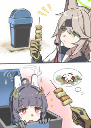  2girls absurdres animal_ear_hairband animal_ears black_gloves black_hair black_headband blonde_hair blue_archive blue_sailor_collar blue_shirt blush closed_mouth commentary_request eating fake_animal_ears food_in_mouth gloves green_eyes green_halo grey_halo hairband halo headband highres in_container in_trash_can llpfmfc long_hair microphone miyu_(blue_archive) multiple_girls neckerchief open_mouth otogi_(blue_archive) rabbit_ear_hairband rabbit_ears red_eyes red_neckerchief sailor_collar shirt trash_can white_hairband white_shirt yellow_gloves 