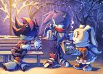  1girl 2boys 9raviolly alternate_costume branch brown_eyes coffee_cup commentary cream_the_rabbit cup disposable_cup doughnut english_commentary food gloves green_eyes green_scarf holding holding_cup multiple_boys night on_bench outdoors red_scarf scarf shadow_the_hedgehog sleeping smile snow snowing sonic_(series) sonic_the_hedgehog white_gloves winter winter_clothes 