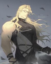  1boy ajianqaq black_gloves blonde_hair closed_mouth commentary_request earrings facial_hair final_fantasy final_fantasy_xiv gloves goatee hesperos highres jewelry long_hair male_focus mature_male pointy_ears rectangular_eyewear single_sleeve solo sword upper_body weapon 