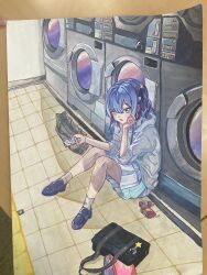 1girl ankle_socks bag black_bag blue_eyes blue_hair blue_shoes blush cellphone commentary_request drink_carton grey_hoodie grey_socks hand_up highres holding holding_phone hololive hood hood_down hoodie hoshimachi_suisei indoors juice_box knees_up korean_commentary laundromat loafers long_sleeves looking_at_viewer medium_hair one_side_up open_mouth parted_bangs phone photo_(medium) pleated_skirt reda_(redapainting08) shoes sitting skirt smartphone socks solo tile_floor tiles traditional_media washing_machine white_skirt 
