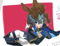  1boy ahoge animal_on_head armor belt belt_collar black_belt black_boots black_gloves blue_hair blue_shirt boots brown_rabbit carrot choker coat collar collared_shirt earrings genshin_impact gloves grin hair_between_eyes hand_on_own_face head_rest jewelry lohen_(genshin_impact) long_sleeves looking_at_viewer lying male_focus mochimochi_ocha mole mole_under_eye multicolored_eyes on_head on_stomach paint_on_clothes paint_splatter paint_splatter_on_face pants pink_background rabbit shirt shoulder_armor smile thigh_strap two-tone_background white_pants 