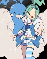  ;d altaria arm_warmers blue_choker choker earrings green_eyes green_hair high_ponytail highres jewelry lisia_(pokemon) midriff one_eye_closed open_mouth pokemon pokemon_(creature) pokemon_omega_ruby_and_alpha_sapphire ponytail short_shorts shorts single_thighhigh smile striped_clothes striped_thighhighs thigh-highs tnm_ilu white_arm_warmers white_shorts 