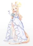  1girl absurdres animal animal_ears bird blonde_hair blue_archive blush choker closed_mouth dress elbow_gloves flat_chest flower fox_ears fox_tail full_body gloves gradient_background halo highres long_hair looking_at_viewer picter seia_(blue_archive) shoes smile solo tail wedding_dress white_bird white_choker white_dress white_flower white_footwear white_gloves yellow_eyes yellow_halo 