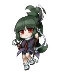  1other adagumo_no_saragimaru androgynous blue_shorts capelet chibi closed_mouth commentary_request frown green_hair hair_ornament holding holding_polearm holding_sword holding_weapon leg_up len&#039;en long_sleeves no_nose other_focus polearm purple_capelet red_eyes shorts simple_background snake_hair_ornament snake_tail socks solo sword tail weapon websci_3357 white_background white_socks 