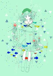  1girl air_bubble boots bubble collared_shirt commentary fish floating_hair full_body green_background green_boots green_eyes green_hair green_hat green_shirt green_skirt green_theme hat highres jellyfish kawashiro_nitori key long_sleeves looking_ahead looking_at_viewer medium_hair shirt simple_background skirt skirt_pocket solo straight-on touhou triangle tugumi0w0 twintails underwater untranslatable_commentary wavy_mouth 