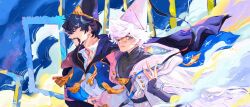  2boys beard black_hair blue_background blue_eyes cape cloak clouds collared_shirt facial_hair fingernails glasses hair_over_one_eye hat highres illytto long_sleeves looking_at_viewer male_focus monocle multiple_boys mustache olruggio_(tongari_boushi_no_atelier) parted_lips party_hat qifrey_(tongari_boushi_no_atelier) robe round_eyewear shirt short_hair smile smoke tassel tongari_boushi_no_atelier turtleneck upper_body white_hair white_shirt witch_hat wizard wizard_hat 