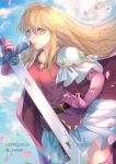  1girl armor belt blonde_hair commission elbow_gloves falling_petals fire_emblem fire_emblem:_genealogy_of_the_holy_war gloves highres holding holding_sword holding_weapon lachesis_(fire_emblem) long_hair oas petals pink_gloves pink_petals pink_shirt shirt shoulder_armor skeb_commission skirt smile solo sword very_long_hair weapon white_skirt yellow_eyes 