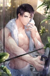  1boy abs black_hair blue_eyes collarbone highres holding indoors leaf li_zeyan looking_at_viewer love_and_producer male_focus muscular muscular_male non-web_source official_art pectorals plant short_hair solo standing tile_wall tiles topless_male towel towel_around_neck water_drop wet window 