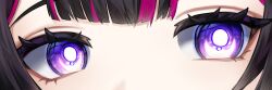  1girl bright_pupils capsaicinu close-up columbina_(genshin_impact) commentary cropped english_commentary eye_focus genshin_impact glowing glowing_eyes highres long_eyelashes multicolored_hair solo thick_eyelashes two-tone_hair violet_eyes 