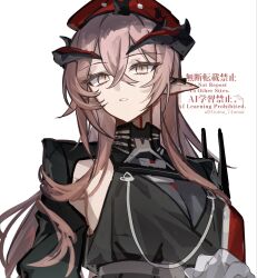  1girl arknights armpit_cutout beret black_horns clothing_cutout commentary_request demon_girl demon_horns ear_piercing forward-facing_horns gomago_magoma hat highres horns long_hair military_hat piercing pink_hair pointy_ears solo ulsulah_(arknights) watermark white_background 
