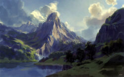  absurdres blue_sky clouds commentary day english_commentary highres hill lake landscape mountain no_humans original outdoors painterly painting_(medium) philipp_urlich scenery signature sky traditional_media tree water 